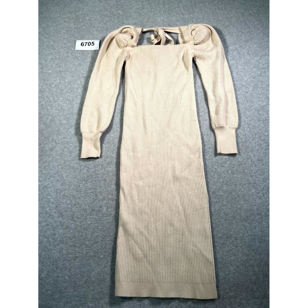House of Harlow 1960 Sweater Dress Women Small Beige Ribbed Square Neck Tie Back